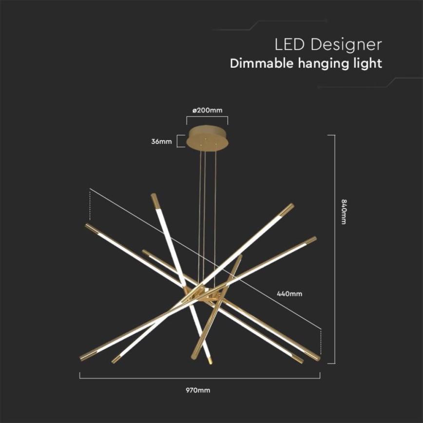 LED prigušiva luster na sajli LED/50W/230V 3000K zlatni