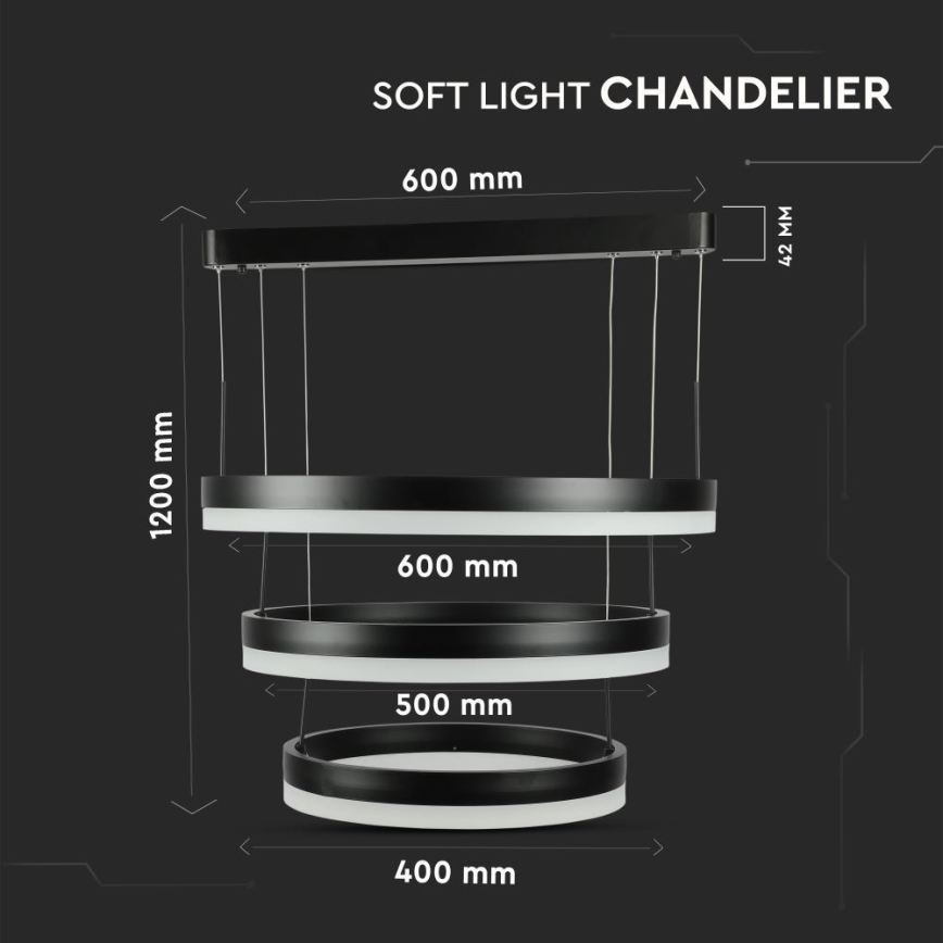 LED prigušiva luster na sajli LED/86W/230V 3000K crna