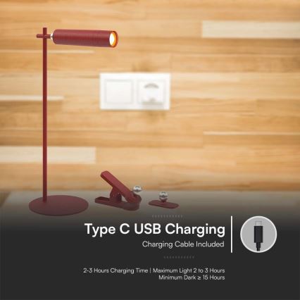 LED prigušiva magnetna punjiva stona lampa 3u1 LED/3W/5V 4000K 1500 mAh crvena