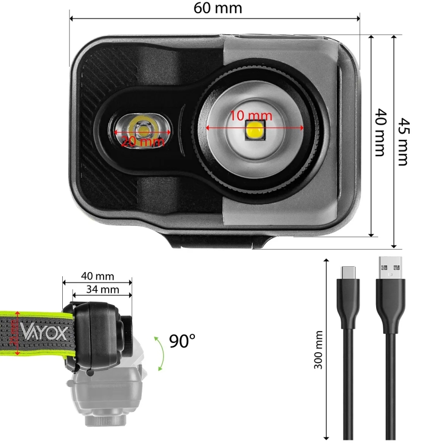LED prigušiva punjiva čelna lampa LED/10W/5V/3xAAA IP66 800 lm 1000 mAh
