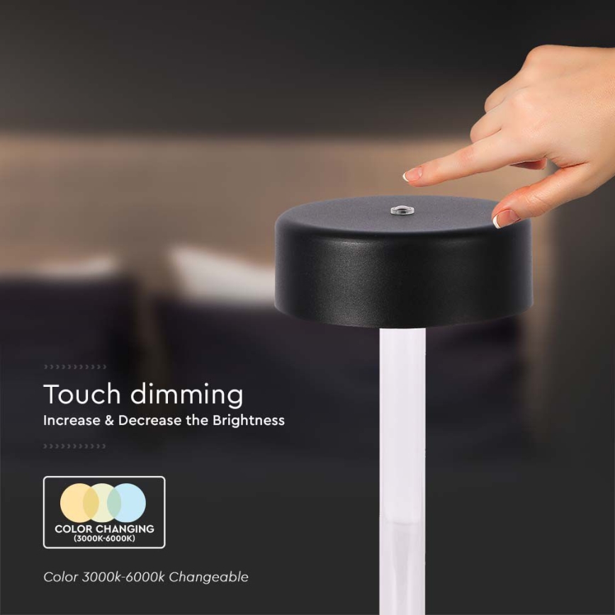LED prigušiva punjiva stolna lampa na dodir LED/3W/5V 3000-6000K 2400 mAh crna