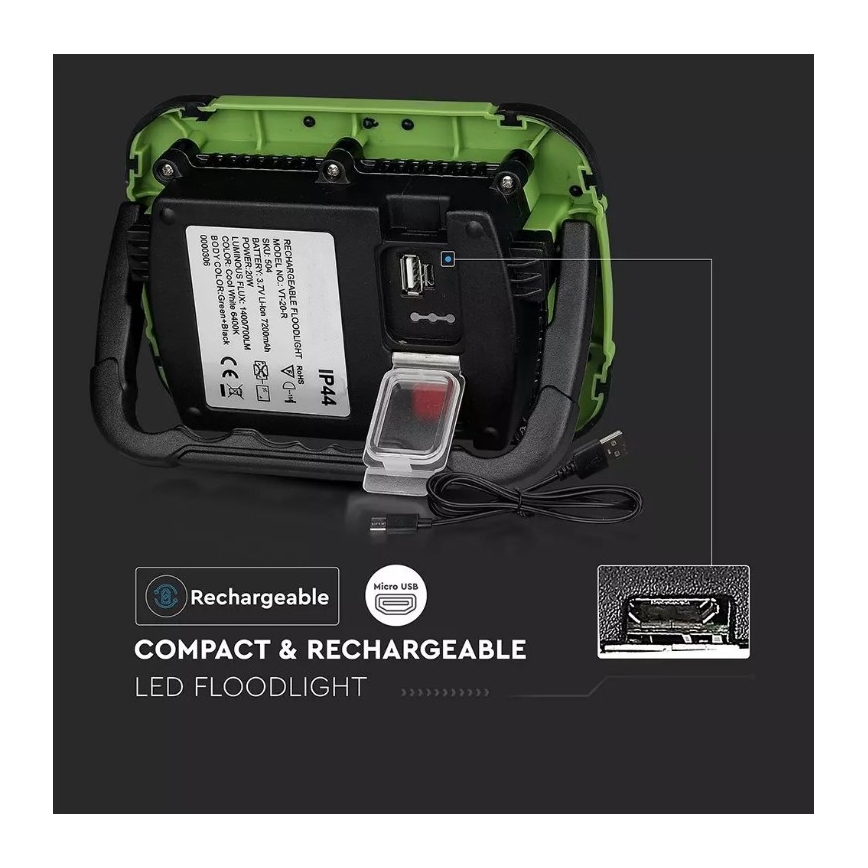 LED prigušiva punjivi reflektor sa SAMSUNG čipom + funkcijom SOS LED/20W/3,7V/USB IP44 4000K 7200 mAh zelena