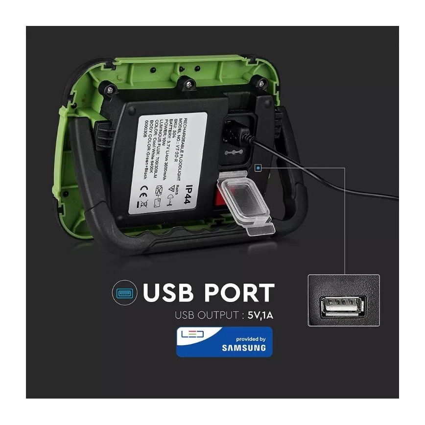 LED prigušiva punjivi reflektor sa SAMSUNG čipom + funkcijom SOS LED/20W/3,7V/USB IP44 4000K 7200 mAh zelena