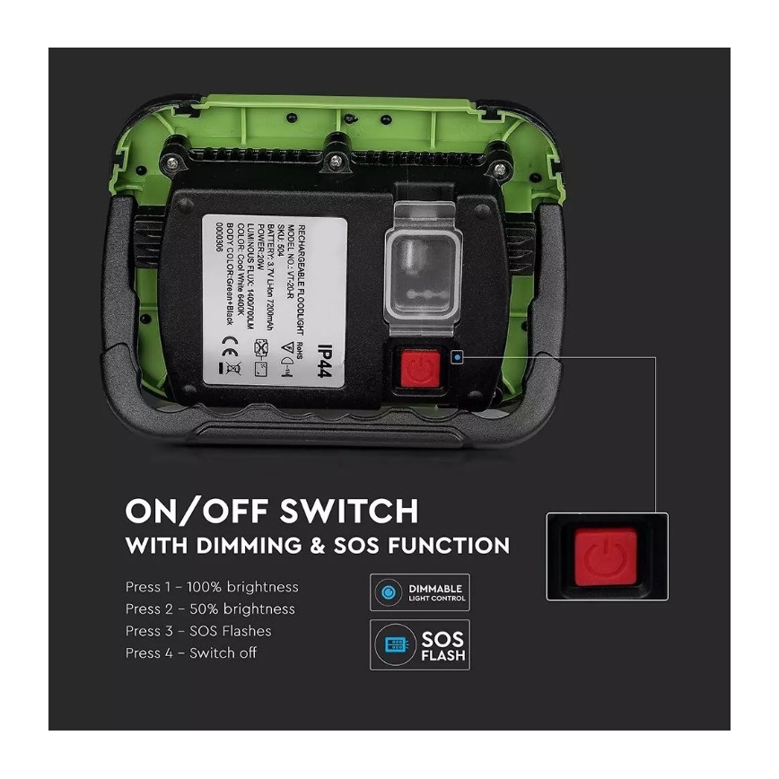 LED prigušiva punjivi reflektor sa SAMSUNG čipom + funkcijom SOS LED/20W/3,7V/USB IP44 4000K 7200 mAh zelena