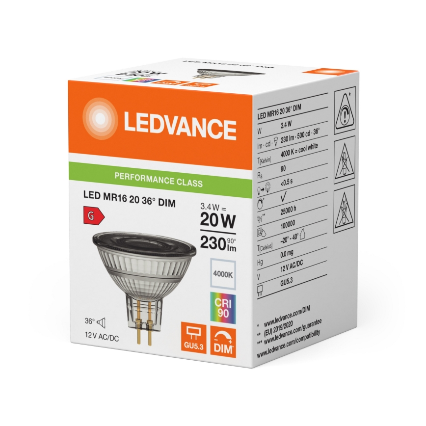 LED prigušiva reflektorska sijalica MR16 GU5,3/3,4W/12V 4000K 36° CRI 90 - Ledvance