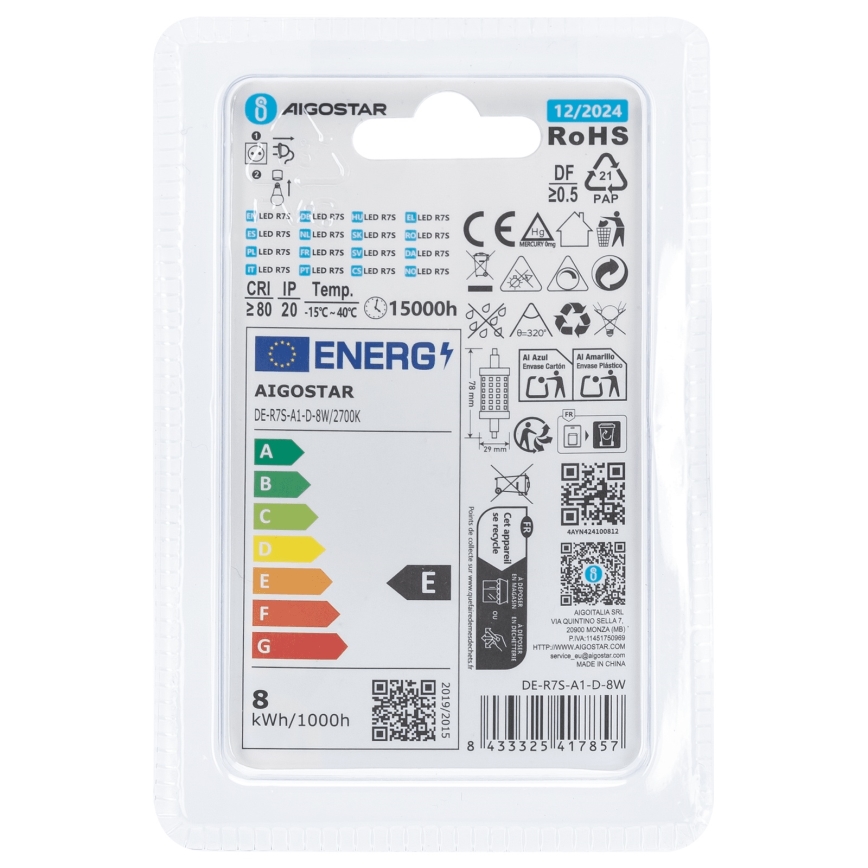 LED prigušiva sijalica R7s/8W/230V 2700K - Aigostar
