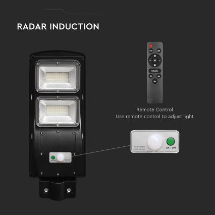 LED prigušiva solarna ulična lampa sa senzorom pokreta i sumraka LED/8W/3,2V 6000K IP65 9000 mAh crna + daljinski upravljač