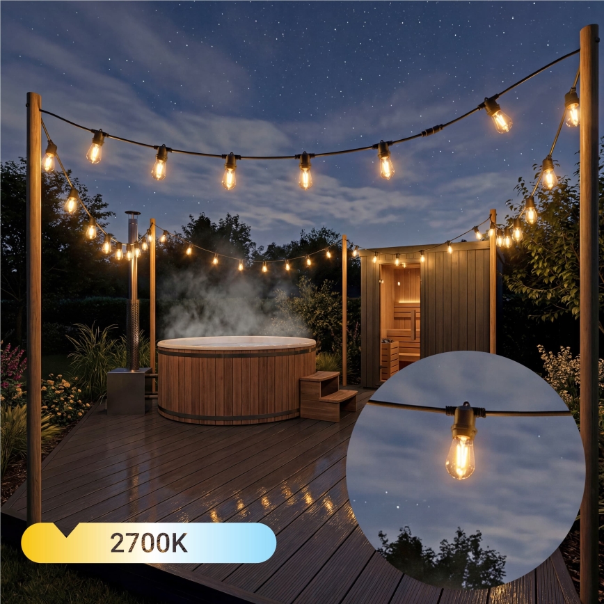 LED prigušiva solarna dekorativna girlanda 20xE27/0,3W/3/5V USB 2400 mAh 20,62 m IP65 crna + daljinski upravljač