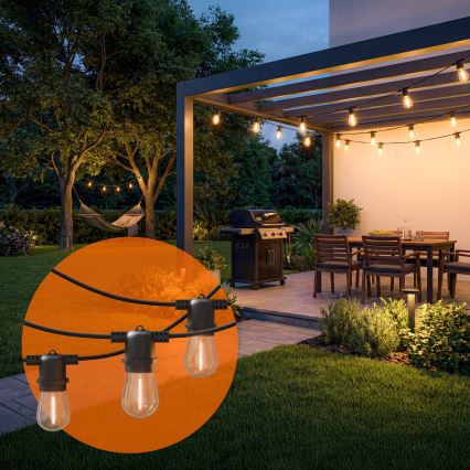 LED prigušiva solarna dekorativna girlanda 20xE27/0,3W/3/5V USB 2400 mAh 20,62 m IP65 crna + daljinski upravljač