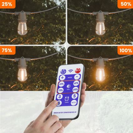 LED prigušiva solarna dekorativna girlanda 20xE27/0,3W/3/5V USB 2400 mAh 20,62 m IP65 crna + daljinski upravljač