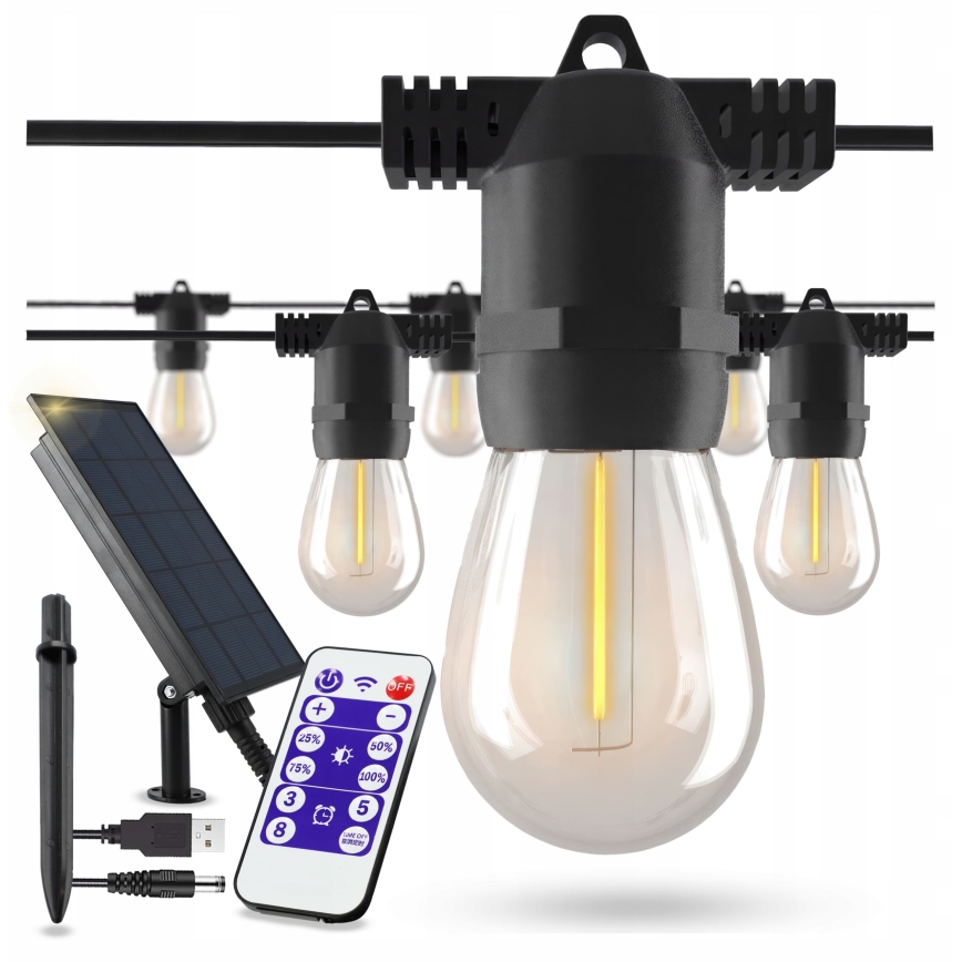 LED prigušiva solarna dekorativna girlanda 20xE27/0,3W/3/5V USB 2400 mAh 20,62 m IP65 crna + daljinski upravljač