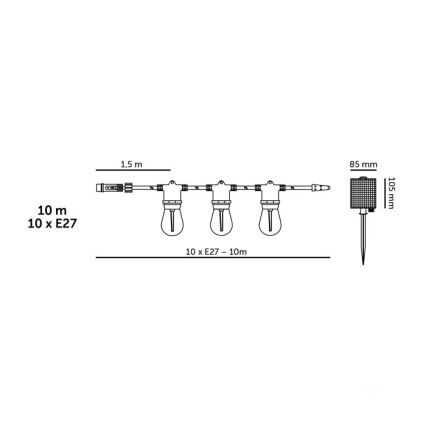 LED prigušiva solarna dekorativna girlanda STARLIGHT NEO 10xE27/3,7V 2700K IP54 1200 mAh 11,5m + daljinski upravljač