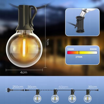 LED prigušiva spoljna dekorativna girlanda 25xE12/1W/24/230V 17,5 m IP65 crna + daljinski upravljač