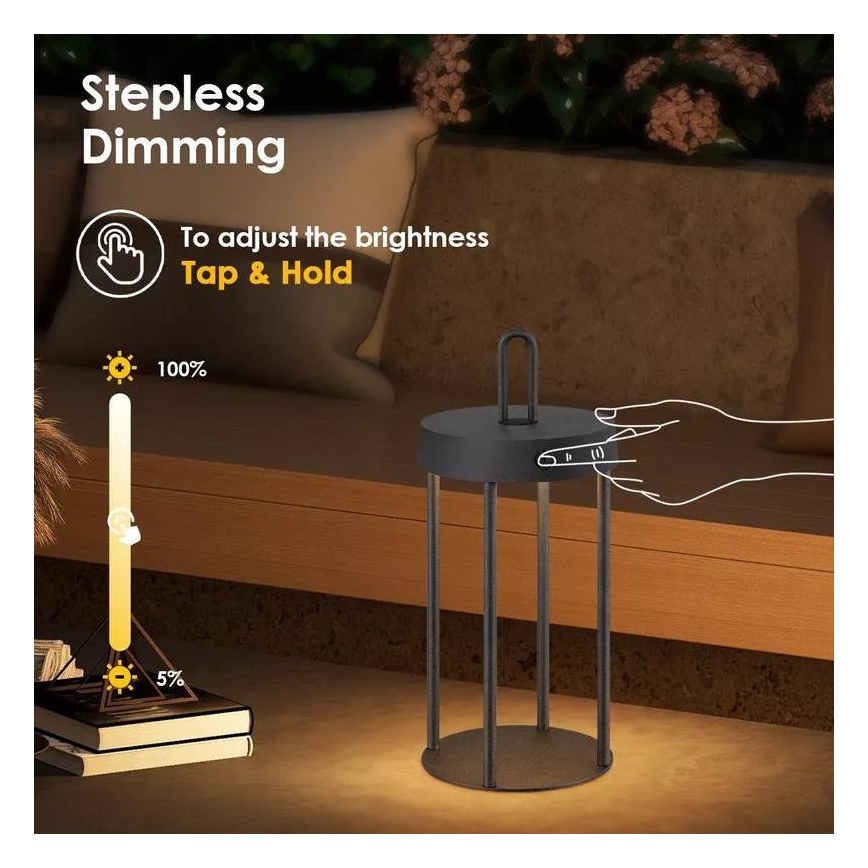 LED prigušiva spoljašnja punjiva dodirna stona lampa GENTLE LED/1,5W/3,7V 3000 mAh IP44 crna