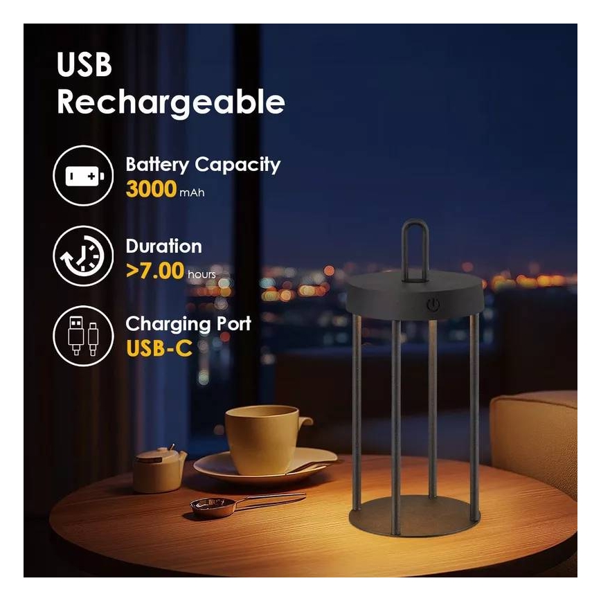 LED prigušiva spoljašnja punjiva dodirna stona lampa GENTLE LED/1,5W/3,7V 3000 mAh IP44 crna