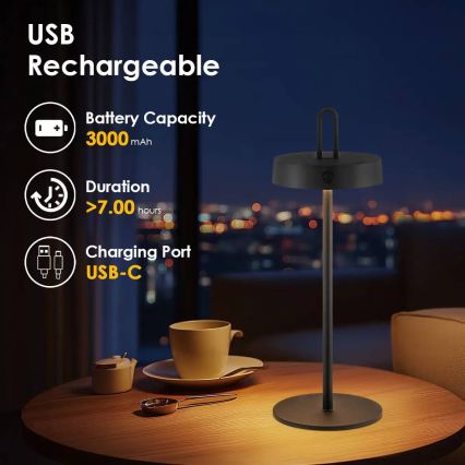 LED prigušiva spoljašnja punjiva dodirna stona lampa SHINE LED/1,5W/3,7V 3000 mAh IP44 crna