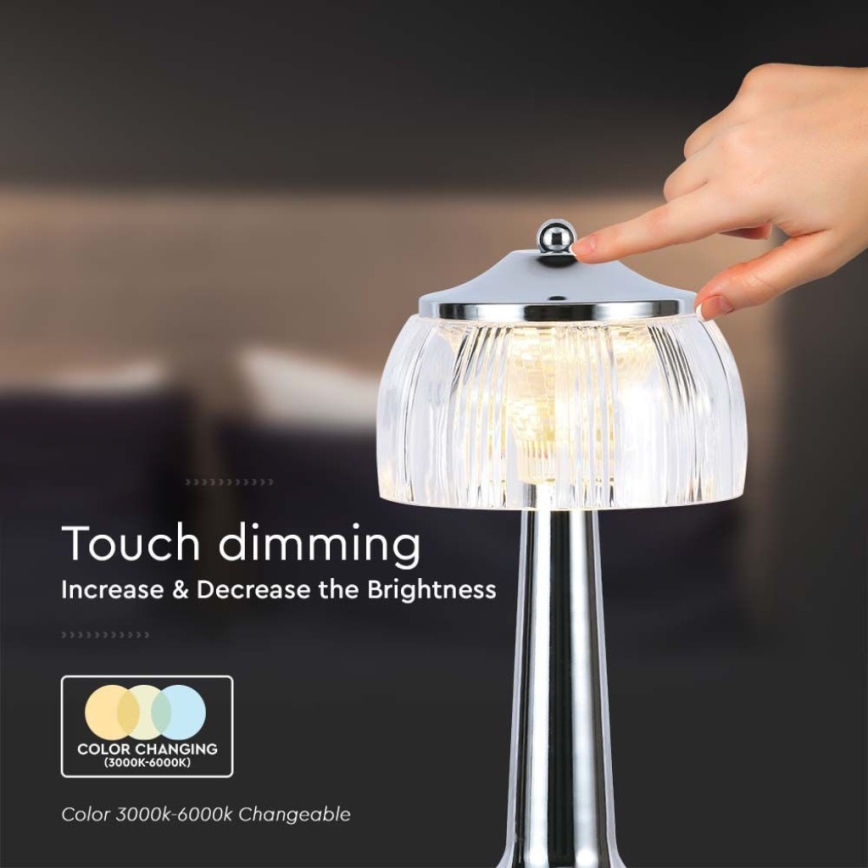 LED punjiva stona lampa na dodir, prigušiva, LED/1W/5V, 3000-6000K, 1800 mAh, sjajni hrom