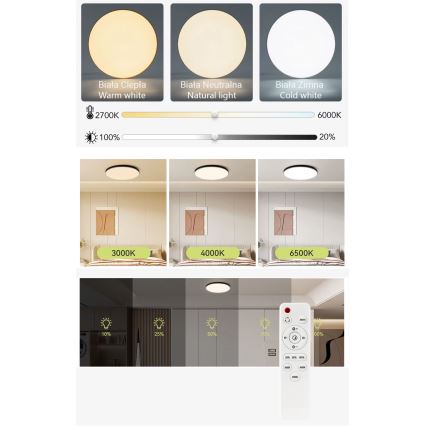 LED prigušiva stropno svetlo LED/30W/230V 3000-6500K prečnik 30 cm crna + daljinski upravljač