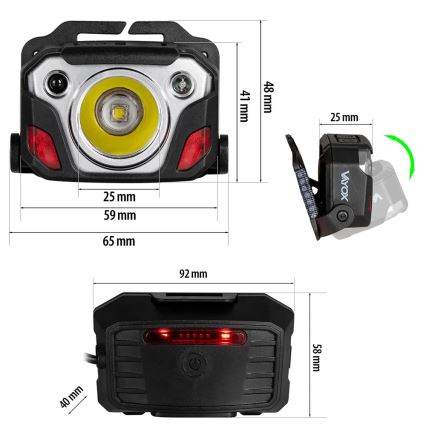 LED prigušiva punjiva čelna lampa sa senzorom i funkcijom powerbanke i crvenim svetlom LED/10W/5V IP44 1200 lm 4000 mAh