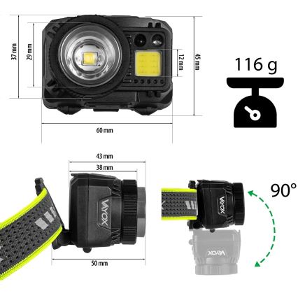 Punjiva LED čelna lampa, prigušiva, sa senzorom i crvenim svetlom LED/6W/5V/3xAAA IP66 500 lm 1200 mAh