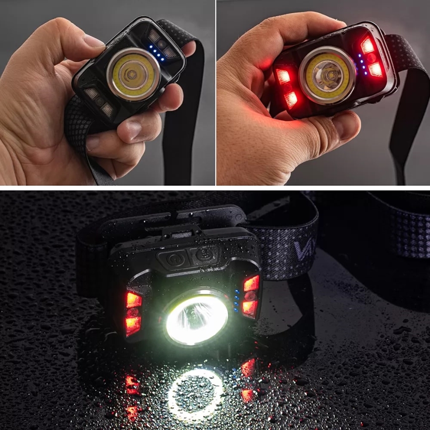 LED prigušiva punjiva čeona lampa sa senzorom i crvenim svetlom LED/15W/5V IP66 430 lm 1800 mAh