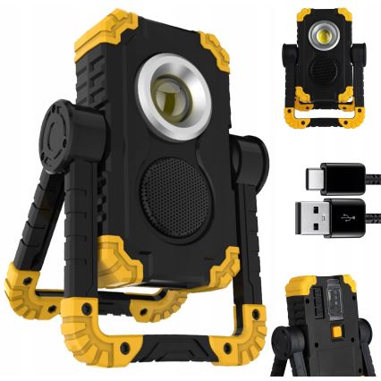 LED punjivi reflektor sa zvučnikom i funkcijom powerbanke LED/10W/5V 4400 mAh IP44 crna/žuta
