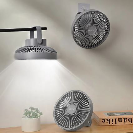LED punjivi stoni ventilator sa LED osvetljenjem, 2W/5V USB, 2400 mAh, siva