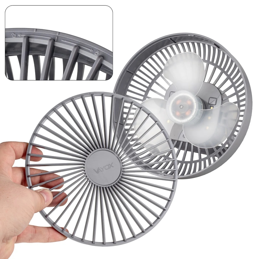 LED punjivi stoni ventilator sa LED osvetljenjem, 2W/5V USB, 2400 mAh, siva