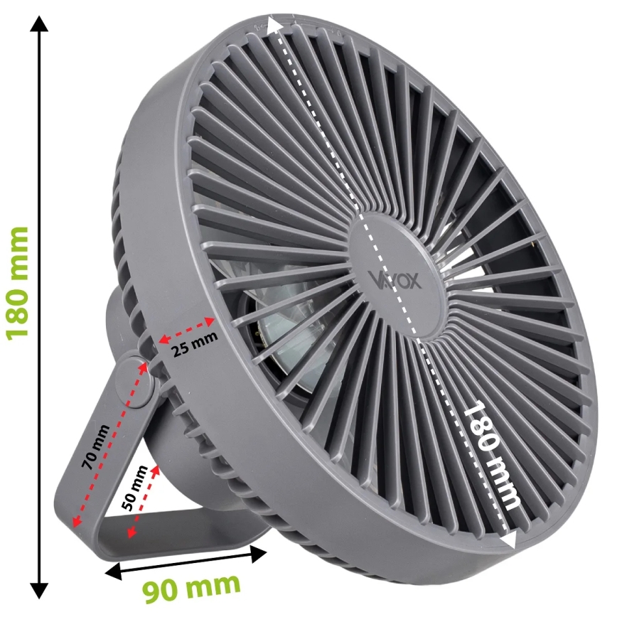 LED punjivi stoni ventilator sa LED osvetljenjem, 2W/5V USB, 2400 mAh, siva