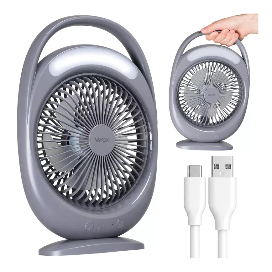 LED Punjivi stoni ventilator sa LED osvetljenjem LED/2,8W/5V USB 2400 mAh siva
