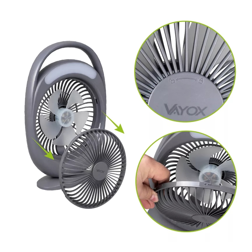 LED Punjivi stoni ventilator sa LED osvetljenjem LED/2,8W/5V USB 2400 mAh siva