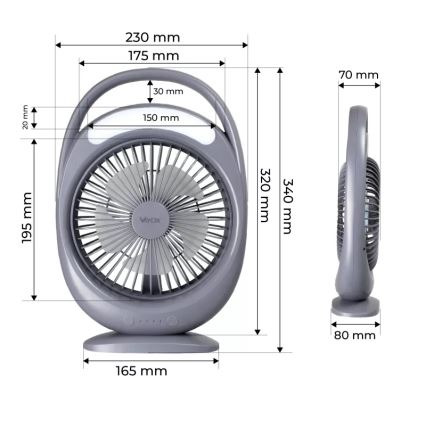 LED Punjivi stoni ventilator sa LED osvetljenjem LED/2,8W/5V USB 2400 mAh siva