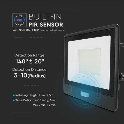 LED reflektor sa senzorom LED/50W/230V 6500K IP65 crni