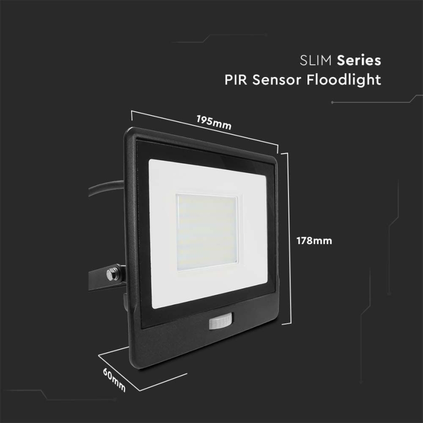 LED reflektor sa senzorom LED/50W/230V 6500K IP65 crni