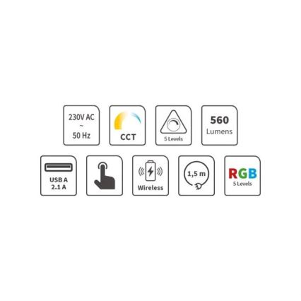 LED RGB prigušiva punjiva dodirna stona lampa sa bežičnim punjenjem LED/7,5W/5V 2700-5300K bela