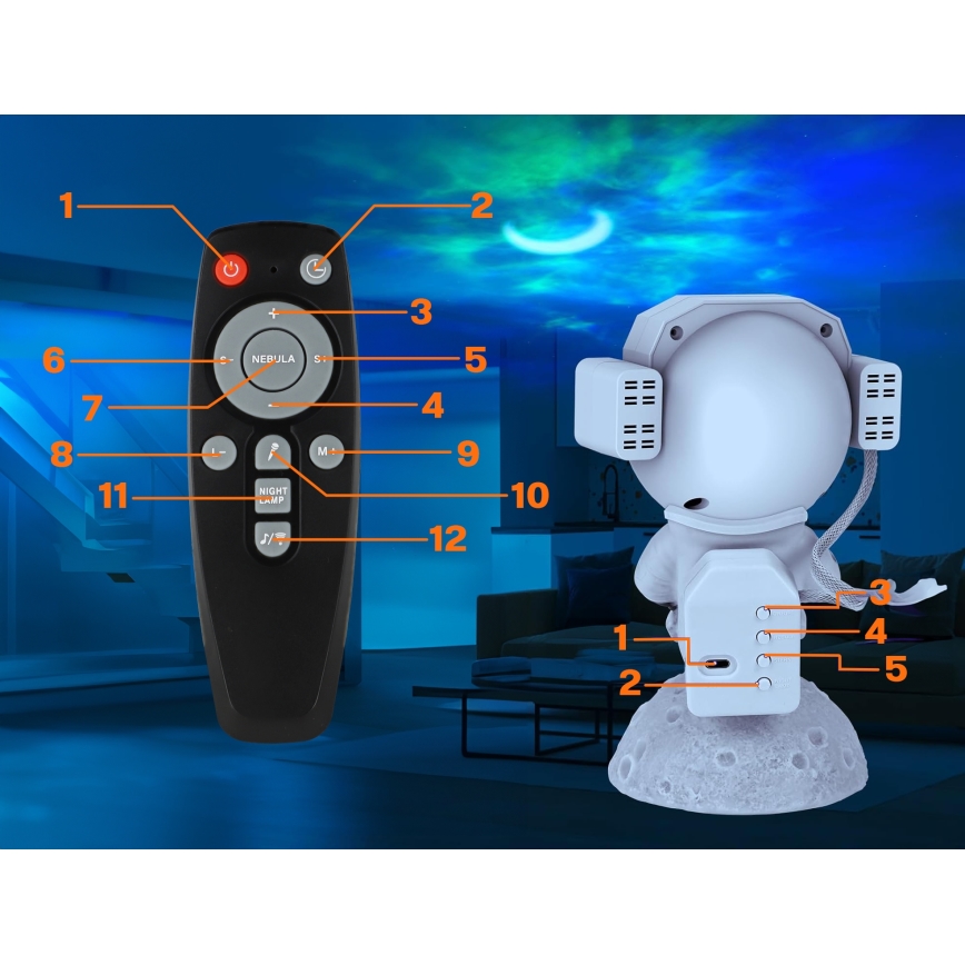 LED RGB projektor 3 u 1 LED/5 W/5 V 3000/4000/6000 K Astronaut + daljinski upravljač