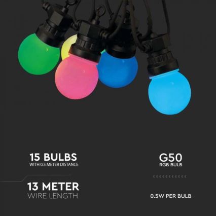 LED RGB Spoljni niz STRING 13 m 15xLED/0,5W/230V IP44 + daljinski upravljač
