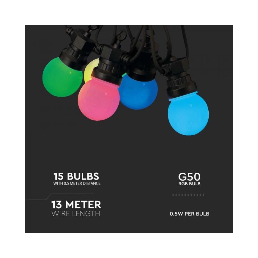 LED RGB Spoljni niz STRING 13 m 15xLED/0,5W/230V IP44 + daljinski upravljač