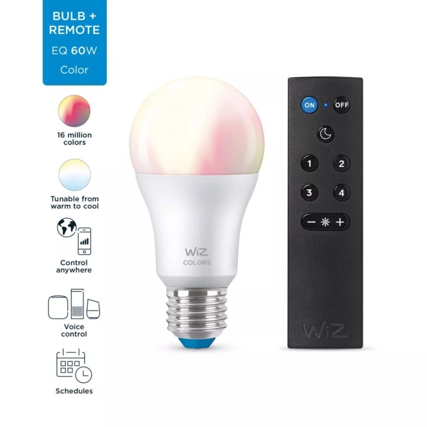 LED RGBW prigušiva sijalica A60 E27/8,5W/230V 2200-6500K CRI 90 Wi-Fi + daljinski upravljač - WiZ