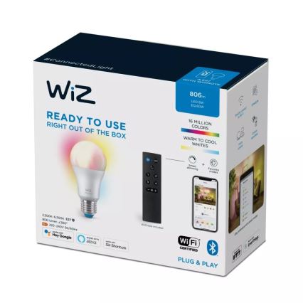 LED RGBW prigušiva sijalica A60 E27/8,5W/230V 2200-6500K CRI 90 Wi-Fi + daljinski upravljač - WiZ