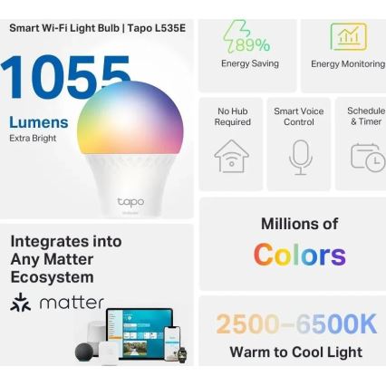 LED RGBW prigušiva sijalica MATTER A60 E27/8,6W/230V 2500-6500K Wi-Fi - TP-Link