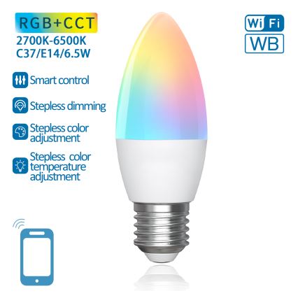 LED RGBW prigušiva sijalica C37 E27/6,5W/230V 2700-6500K Wi-Fi - Aigostar