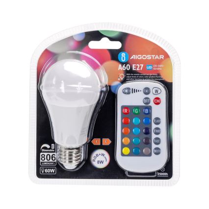 LED RGBW prigušiva sijalica E27/8W/230V 3000K + daljinski upravljač - Aigostar