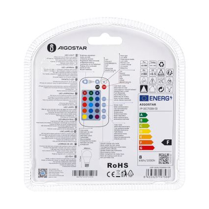 LED RGBW prigušiva sijalica E27/8W/230V 3000K + daljinski upravljač - Aigostar