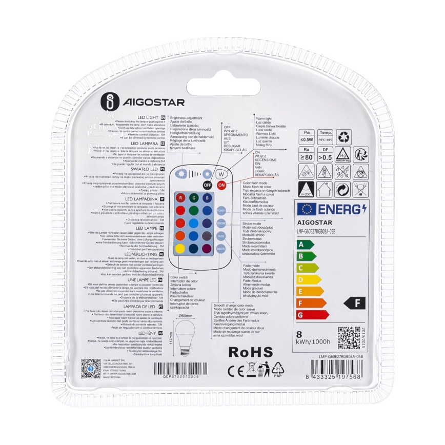 LED RGBW prigušiva sijalica E27/8W/230V 3000K + daljinski upravljač - Aigostar