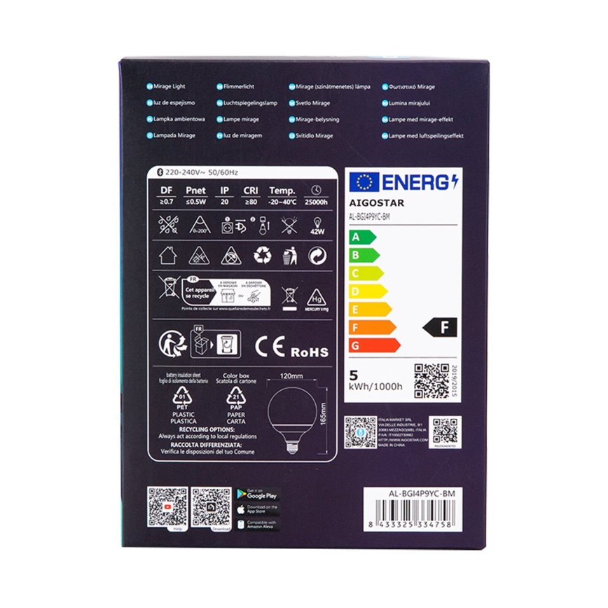 LED RGBW prigušiva sijalica MESH G120 E27/4,9W/230V 2700-6500K + daljinski upravljač - Aigostar