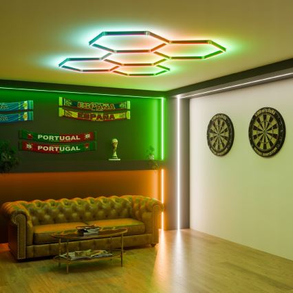 LED RGBW prigušiva stropna svetiljka HEXAGON LED/144W/85-265V 7000K 205x142 cm CRI 90 IP54 b ela + daljinski upravljač
