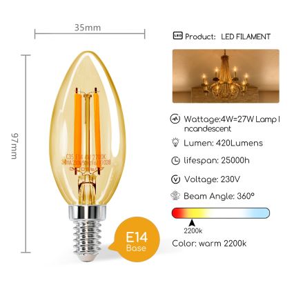 LED sijalica C35 E14/4W/230V 2200K - Aigostar