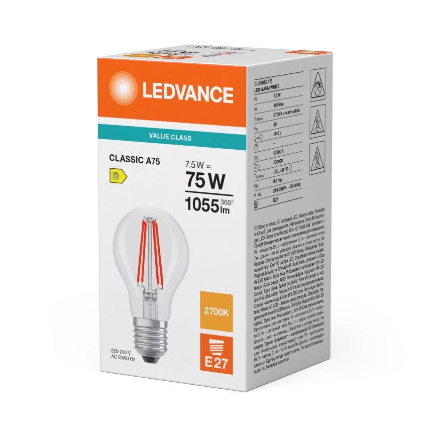 LED sijalica CLASSIC FILAMENT A60 E27/7,5W/230V 2700K - Ledvance