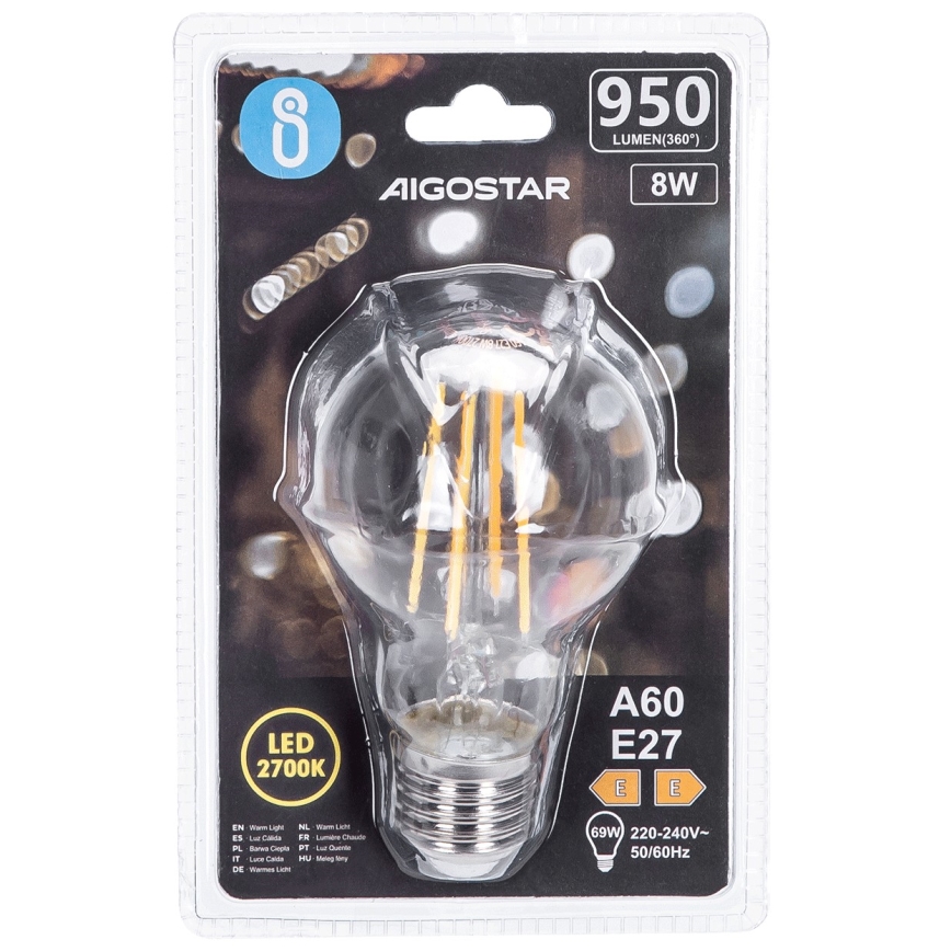 LED sijalica FILAMENT A60 E27/8W/230V 2700K - Aigostar